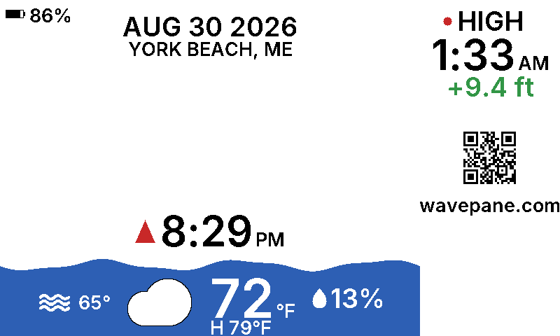 A Wavepane display showing the tide at York Beach, Maine: the current water level as a wave, the next tide time, and today's weather.